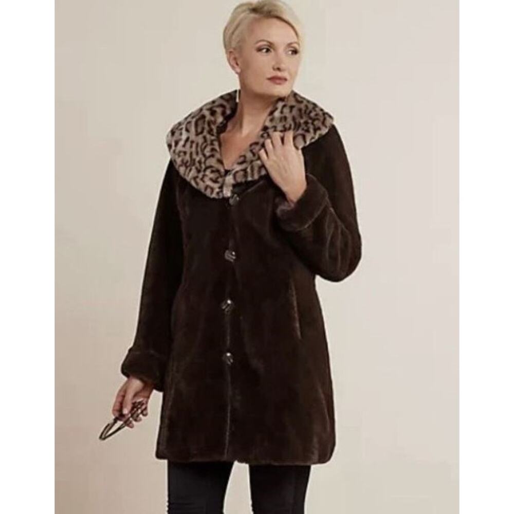 DENNIS by Dennis Brasso Faux Fur Coat w/Removable Leopard print Hood/collar-Sm